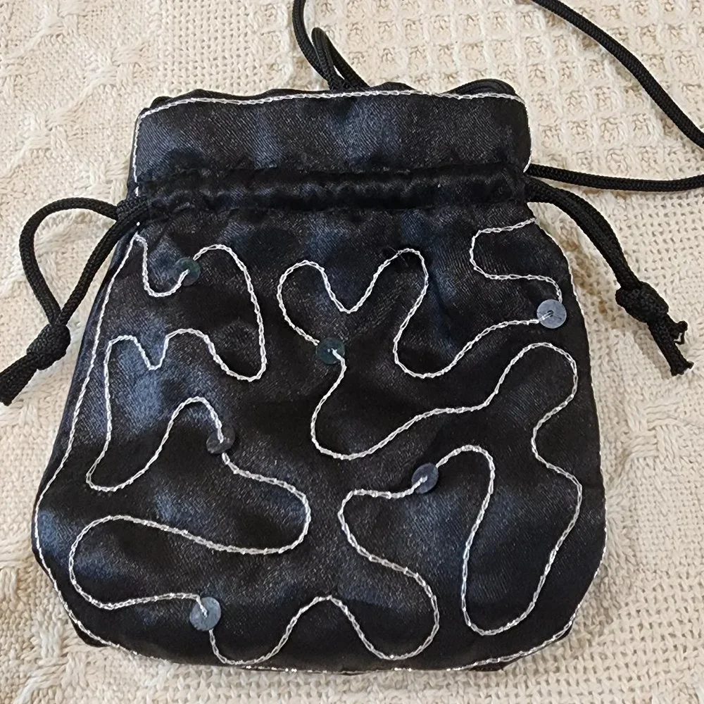 Vintage Mirror Compact + Black Satin Silver Stitching Sequin Evening Bag Purse